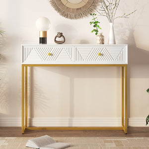 English Elm Trexm Modern Sleek Console Table Two Drawers With Stripe Design For Living Room and Entryway (White)