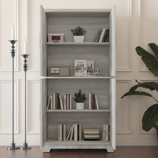 English Elm 67.4"h Mirrored Corner Cabinet Carved Butterfly Doors Adjustable Shelves Entryway Storage Light Gray W2899P374348