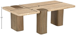 Meridian Furniture Ravenna Genuine Stone Top Coffee Table with Art Deco Oak Wood Base for Living Rooms Natural Genuine Travertine - A 33081Travertine-CT