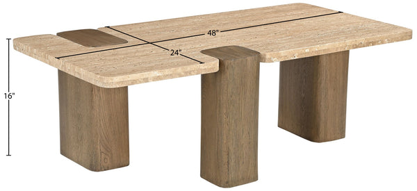 Meridian Furniture Ravenna Genuine Stone Top Coffee Table with Art Deco Oak Wood Base for Living Rooms Natural Genuine Travertine - A 33081Travertine-CT