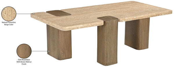 Meridian Furniture Ravenna Genuine Stone Top Coffee Table with Art Deco Oak Wood Base for Living Rooms Natural Genuine Travertine - A 33081Travertine-CT