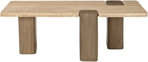 Meridian Furniture Ravenna Genuine Stone Top Coffee Table with Art Deco Oak Wood Base for Living Rooms Natural Genuine Travertine - A 33081Travertine-CT