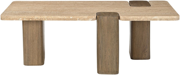 Meridian Furniture Ravenna Genuine Stone Top Coffee Table with Art Deco Oak Wood Base for Living Rooms Natural Genuine Travertine - A 33081Travertine-CT