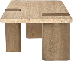 Meridian Furniture Ravenna Genuine Stone Top Coffee Table with Art Deco Oak Wood Base for Living Rooms Natural Genuine Travertine - A 33081Travertine-CT