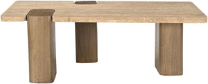 Meridian Furniture Ravenna Genuine Stone Top Coffee Table with Art Deco Oak Wood Base for Living Rooms Natural Genuine Travertine - A 33081Travertine-CT