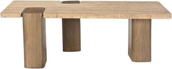 Meridian Furniture Ravenna Genuine Stone Top Coffee Table with Art Deco Oak Wood Base for Living Rooms Natural Genuine Travertine - A 33081Travertine-CT