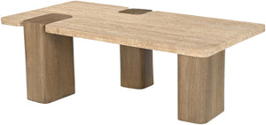 Meridian Furniture Ravenna Genuine Stone Top Coffee Table with Art Deco Oak Wood Base for Living Rooms Natural Genuine Travertine - A 33081Travertine-CT