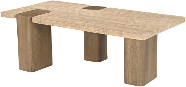 Meridian Furniture Ravenna Genuine Stone Top Coffee Table with Art Deco Oak Wood Base for Living Rooms Natural Genuine Travertine - A 33081Travertine-CT