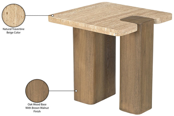 Meridian Furniture Ravenna Travertine Stone Top Oak Base Art Deco End Table for Living Room 33081Travertine-ET