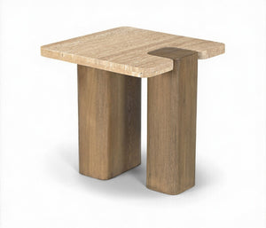 Meridian Furniture Ravenna Travertine Stone Top Oak Base Art Deco End Table for Living Room 33081Travertine-ET