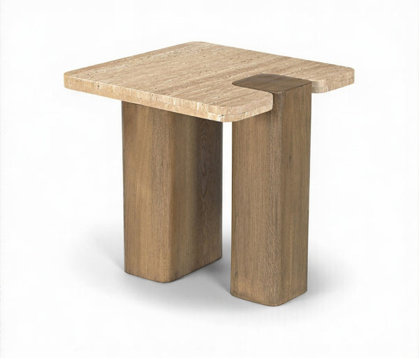 Meridian Furniture Ravenna Travertine Stone Top Oak Base Art Deco End Table for Living Room 33081Travertine-ET