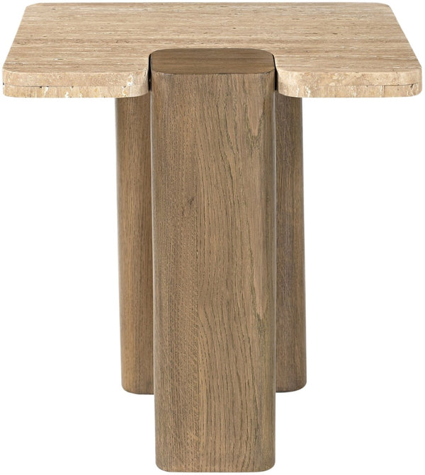 Meridian Furniture Ravenna Travertine Stone Top Oak Base Art Deco End Table for Living Room 33081Travertine-ET