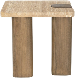 Meridian Furniture Ravenna Travertine Stone Top Oak Base Art Deco End Table for Living Room 33081Travertine-ET