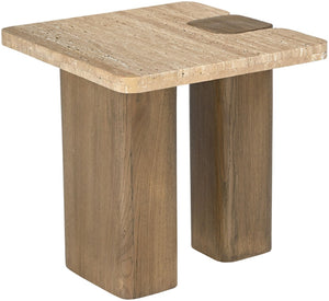 Meridian Furniture Ravenna Travertine Stone Top Oak Base Art Deco End Table for Living Room 33081Travertine-ET