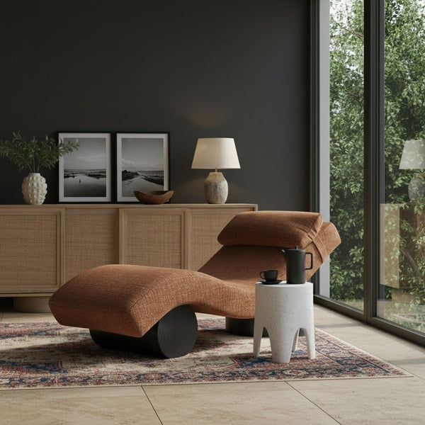 Meridian Furniture Marcella Art Deco Chaise Lounge with Sculptural Curves Plush Upholstery and Solid Wood Base Cognac 33086 33086Cognac