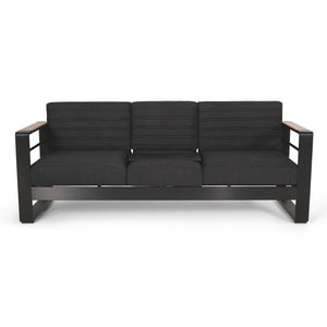 English Elm Christopher Knight Home® - GIOVANNA Aluminum 3-Seater Sofa in Black — Rust-Resistant Frame, Water-Resistant Cushions, Wood-Accent Slat Design 71820.00BLK
