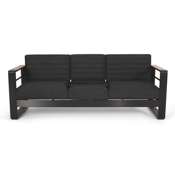 English Elm Christopher Knight Home® - GIOVANNA Aluminum 3-Seater Sofa in Black — Rust-Resistant Frame, Water-Resistant Cushions, Wood-Accent Slat Design 71820.00BLK