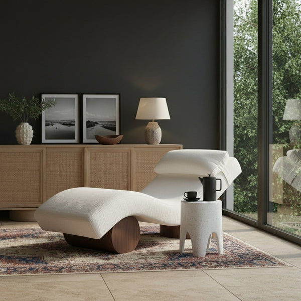 Meridian Furniture Marcella Art Deco Chaise Lounge with Sculptural Curves Plush Upholstery and Solid Wood Base Cream 33087 33087Cream