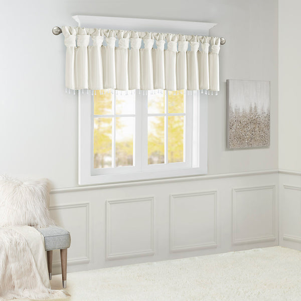 JLA Home Madison Park - Lightweight Faux Silk Valance with Beaded Trim, Rich White Sheen, Lined Twist-Tab Design for Privacy MP41-4453