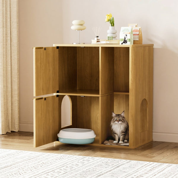 English Elm 31.5-inch Grooved Wood Cat Litter Cabinet with Integrated Tree Mid-century Pet Furniture Natural W1162P407685