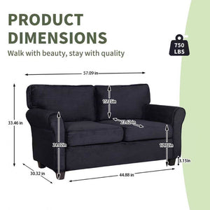English Elm 57" Corduroy Two Seater Sofa Removable Cushions Solid Wood Frame Compact Living Room Black W2715P433633