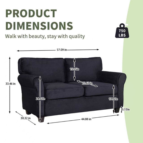 English Elm 57" Corduroy Two Seater Sofa Removable Cushions Solid Wood Frame Compact Living Room Black W2715P433633