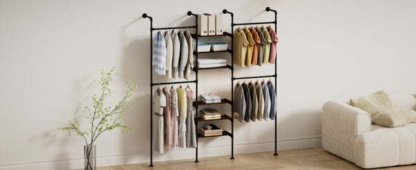 English Elm Industrial Pipe Clothing Rack - Wall-Mounted Heavy-Duty Garment Storage System With Adjustable Shelves T3210P392614