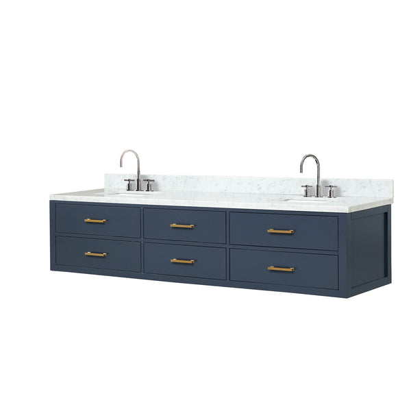 English Elm Blue Double Bath Vanity With Carrara Marble Top & Chrome Faucets - Elegant 84” Design For Luxury Bathrooms B2731P258150