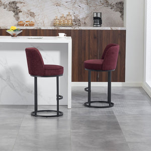 English Elm Counter Height Barstools Set of 2 Linen Upholstered Barrel Seat with Iron Legs Wine Red W395P410434