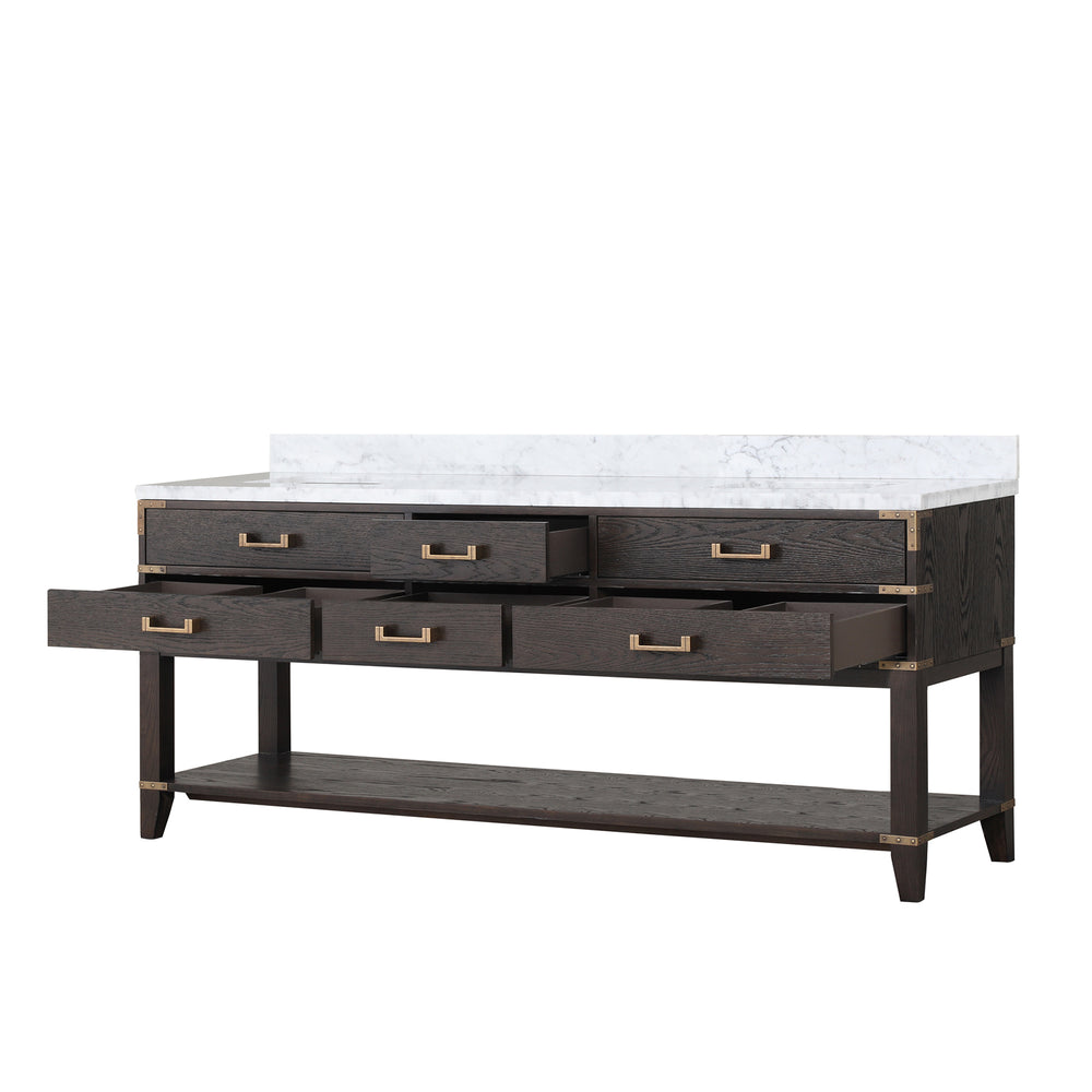 English Elm Brown Oak Double Bath Vanity 80" W With Elegant Carrara Marble Top & Ample Storage Solutions B2731P260329