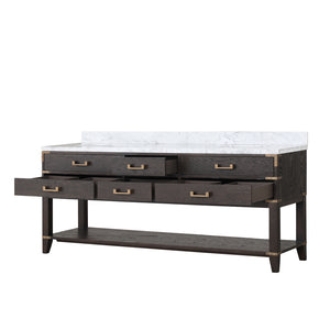 English Elm Brown Oak Double Bath Vanity 80" W With Elegant Carrara Marble Top & Ample Storage Solutions B2731P260329