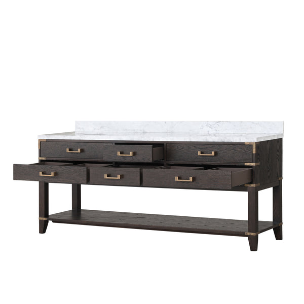 English Elm Brown Oak Double Bath Vanity 80" W With Elegant Carrara Marble Top & Ample Storage Solutions B2731P260329