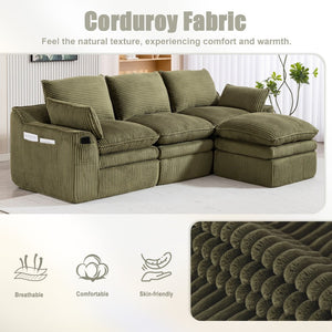English Elm L Shaped Corduroy Modular Sectional with Cloud Cushions Footstool and Lumbar Pillows Emerald W395S00139
