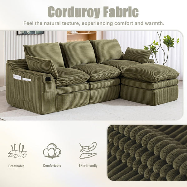 English Elm L Shaped Corduroy Modular Sectional with Cloud Cushions Footstool and Lumbar Pillows Emerald W395S00139