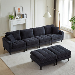 English Elm 122.5-Inch Oversized U-Shaped Modular Sofa Corduroy Sectional with Double Chaise, Ottoman, Pillows and Plastic Legs Black W1193S00121