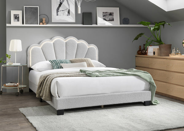 English Elm White Queen Wool Fabric Platform Bed with Scalloped Tufted Headboard, LED Lighting, Fully Upholstered Elegance B011P238976