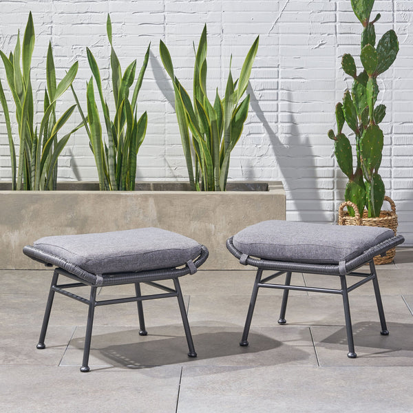 English Elm Christopher Knight Home® - Montana Faux Rattan Outdoor Ottoman Set of 2 with Water-Resistant Gray Cushions, Steel Frame Durable 65045.00GRY