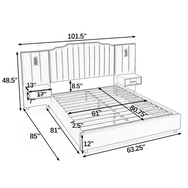English Elm Queen Velvet Platform Bed with Tufted Headboard Integrated Nightstands and Striped Design Dark Blue W487S00442