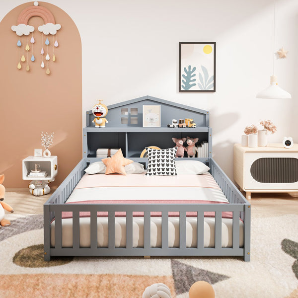 English Elm Full-size Montessori Floor Bed with Built-In Bookcase and Chalkboard, Space-Saving Solid Wood Platform for Kids Grey 56.3 L x 17.32 W x 5.31 H W1716S00013