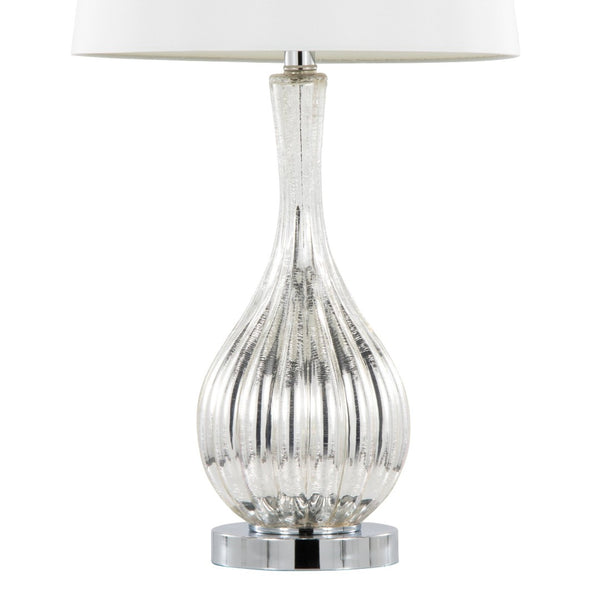 English Elm Glass Crackle Silver Table Lamp Set with Chrome Hardware and White Linen Shade Pair B202P471588