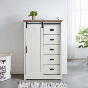 English Elm 5 Drawer Dresser with Sliding Barn Door — Farmhouse Modern MDF Chest with Metal Handle, Adjustable Shelves, Spacious Top White W2275P206613