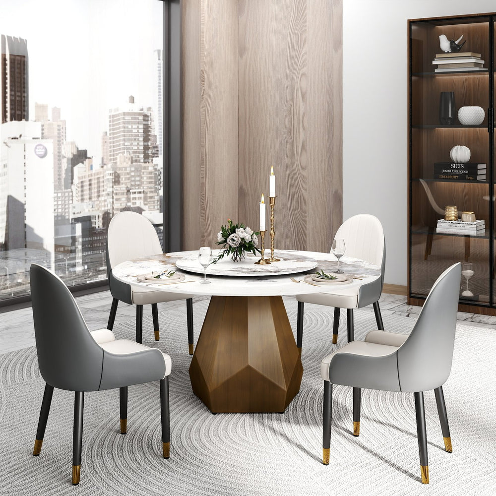 English Elm 59.05" Round Marble Dining Table With Rotating Turntable For 6-8 People, Elegant Metal Base Design W1535S00456