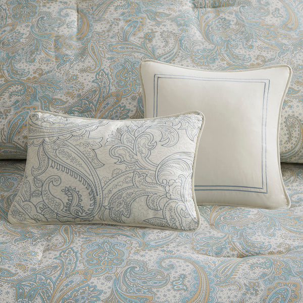 JLA Home Harbor House Blue - Cotton Chelsea Paisley Square Pillow with Satin-Stitch Border, OEKO-TEX Cotton Percale Elegance HH30-497