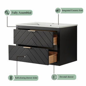 English Elm 30" Tiered Black Wall-Mounted Floating Vanity with Ceramic Sink, Center Storage Nook for Towels & Toiletries W1826P343434