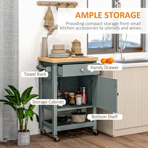 English Elm HOMCOM Rolling Kitchen Cart with Rubberwood Butcher Block Top, Drawer Cabinet Shelf & Towel Rack Gray W2225P217413