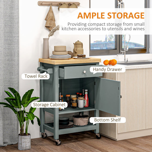 English Elm HOMCOM Rolling Kitchen Cart with Rubberwood Butcher Block Top, Drawer Cabinet Shelf & Towel Rack Gray W2225P217413
