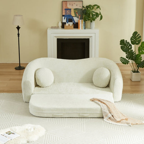 English Elm 86-inch Curved Chenille Convertible Sofa Recliner Frameless Folding Two-seater for Living Room Beige W3505P452816