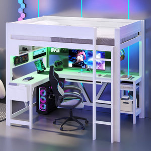 English Elm Wood Full Size Gaming Loft Bed With Desk, Led Lights, Storage Shelves & Charging Station - White N7090004022K-GIGA