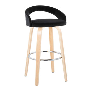 English Elm Fixed-height Swivel Barstools Velvet Seat Bent Wood Legs Chrome Footrest Set of 2 B202S01862