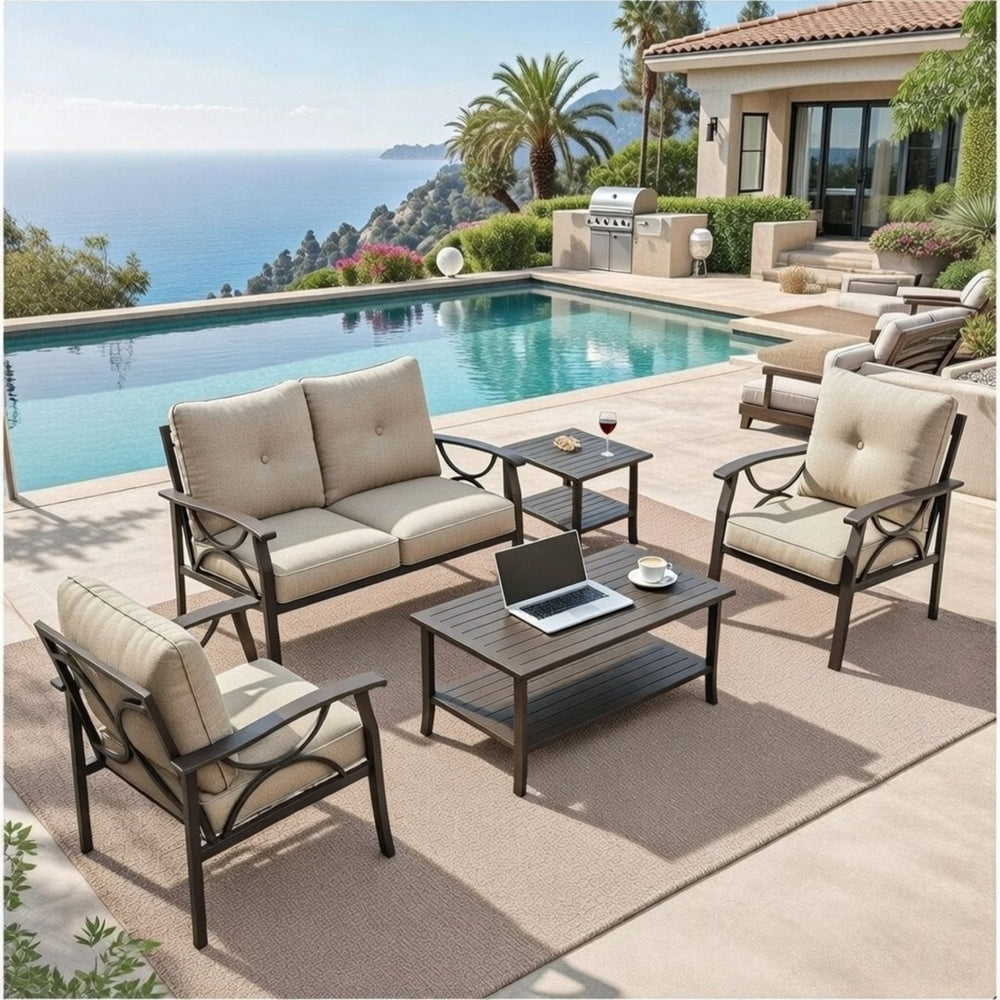 English Elm 5-piece Outdoor Steel Conversation Set with Thick Foam Cushions for Patio or Deck Beige B082S00121